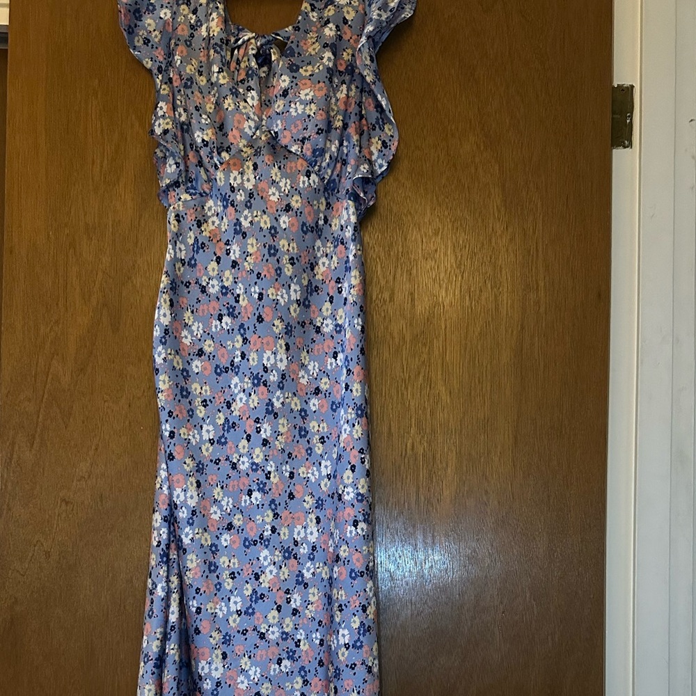 Altar'd State Blue and Pink Ruffled Maxi Dress with Slit